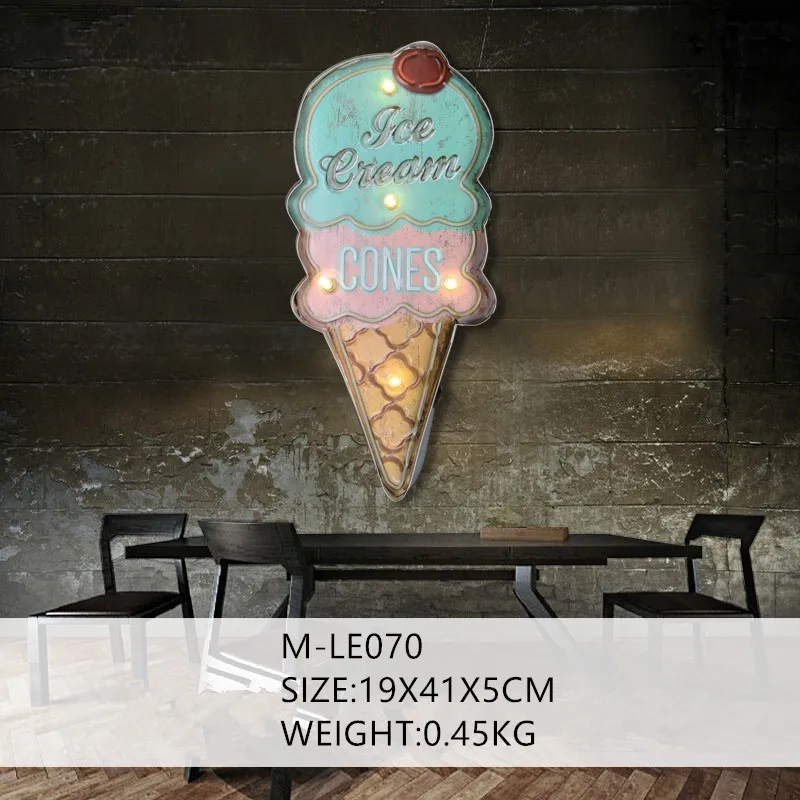 Ice Cream Cones LED Light Neon Sign, Vintage Home Wall Hanging Decor, Metal Advertising Signboard for Bar Cake Bakery Shop