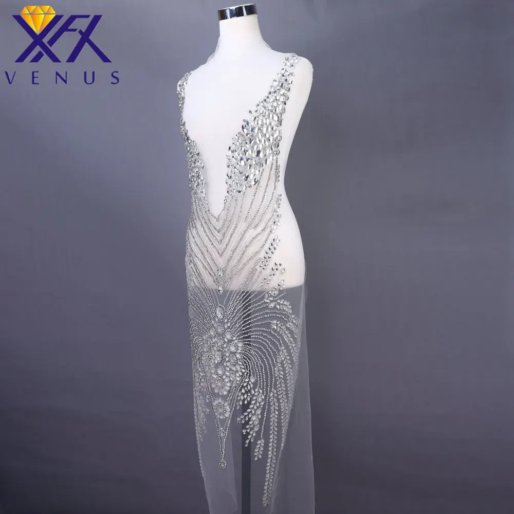 XFX VENUS 1 Set Handmade Crystal Wedding Long Patches Rhinestone Beaded Appliqued Patch Fabric Wedding Ball Gown Accessories