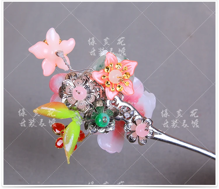 Colored Flower LingLong Jade Plum Blossom Bride Wedding Hair Stick Photography Hair Accessory