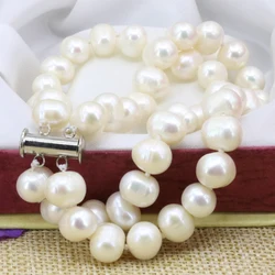 Natural 2 rows white 8-9mm nearround pearl beads strand charms bracelets & bangle women fashion statement jewelry 7.5inch B3178