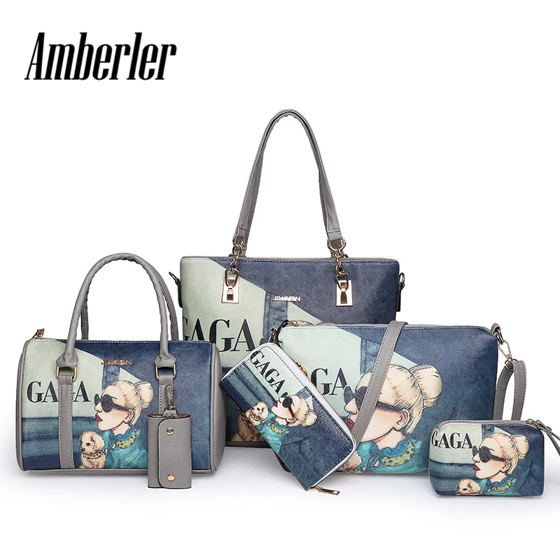 Amberler High Quality PU Leather Women Handbags 6 Pieces Set Printed Shoulder Bag Ladies Crossbody Bags Large Capacity Tote Bags