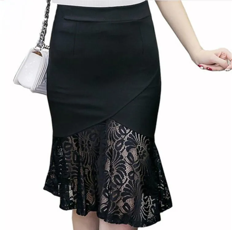 

Fashion Summer Sexy Slim Women Pencil Skirt 2019 New High Waist Stretch fabrics Lace Patchwork OL Skirts Plus Size S--5XL