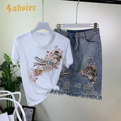 2019 Women Sequined 3D Flower Cotton Tshirts +  Denim Skirt 2PCS Clothing Sets Casual Mid Calf Skirts Suits XZ047