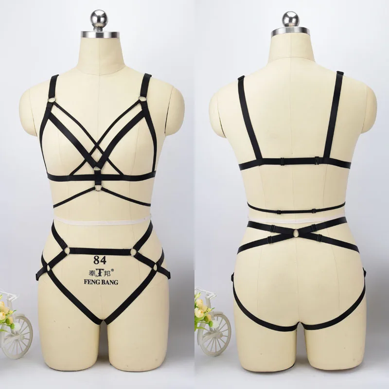 

Crop Top Cage Bra + Bottom Panties Polyester Body Harness Adjustable Size Pole Dance Costumes 90's Fetish Wear Nightclub Wear