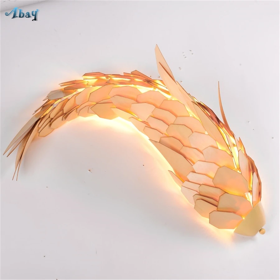 المنزل ديكو الخشب الأسماك شكل اليد خياطة مصابيح الحائط لغرفة المعيشة غرفة نوم دراسة مطعم الشمعدان أضواء الجدار مصباح الخشب Led
