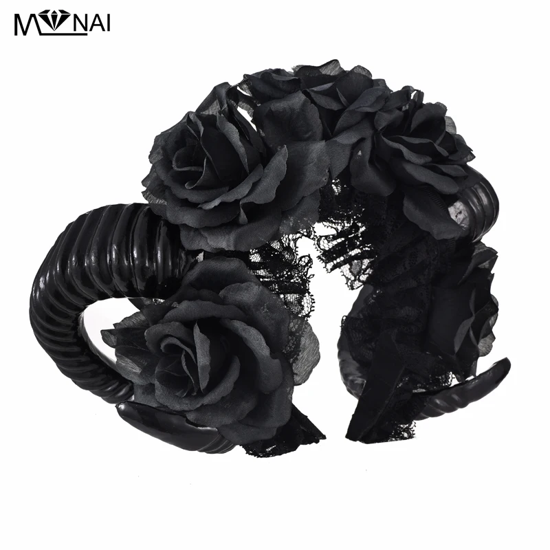 Handmade Black Witches Vamp Gothic Horn Pan Flower Crown Headband Halloween Cocktail Party Headpieces Fancy Dress Accessories