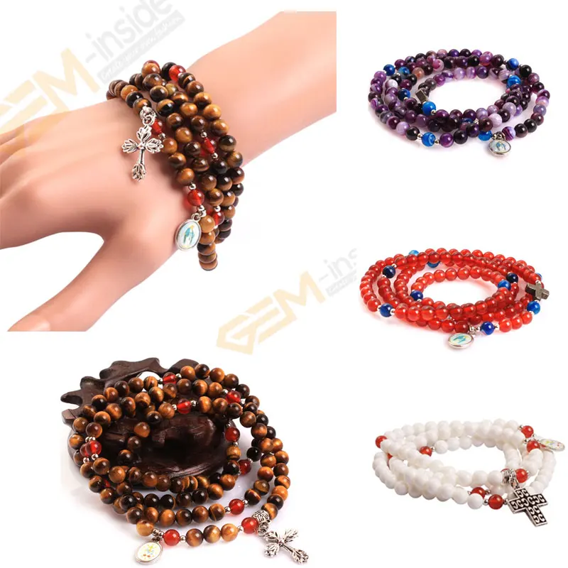 

6mm Round Stone Beads Cross Muslim Catholic Strand Christian Rosary Prayer Bracelet Jewelry For Men 30 Inches