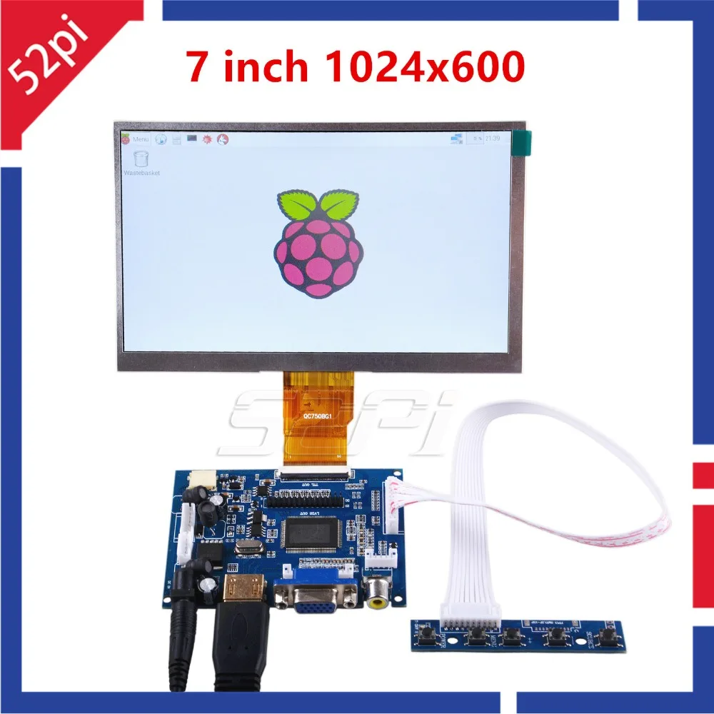 52Pi 7 Inch LCD 1024*600 Display Monitor Screen Kit with Drive Board (HDMI+VGA+2AV) for Raspberry Pi 4 B All Platform/PC Windows