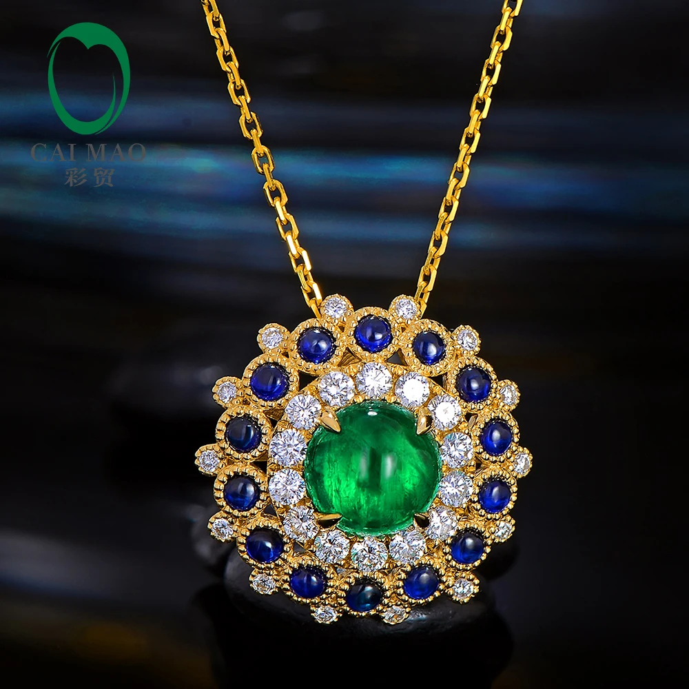 

Caimao Natural Art Deco Cabochon Cut Emerald 18kt Yellow Gold Sapphire and Diamond Engagement Pendant for Women