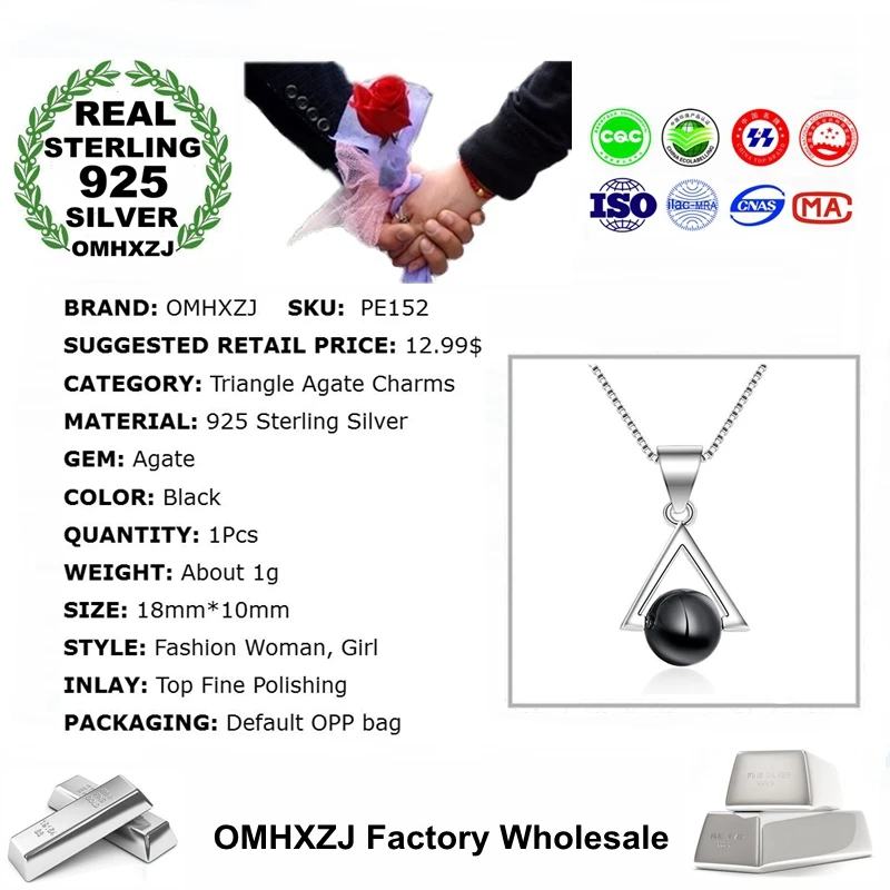 OMHXZJ Wholesale Fashion Simple Woman Girl Gift Triangle Black Agate 925 Sterling Silver Pendant Charms PE152 NO Chain Necklace