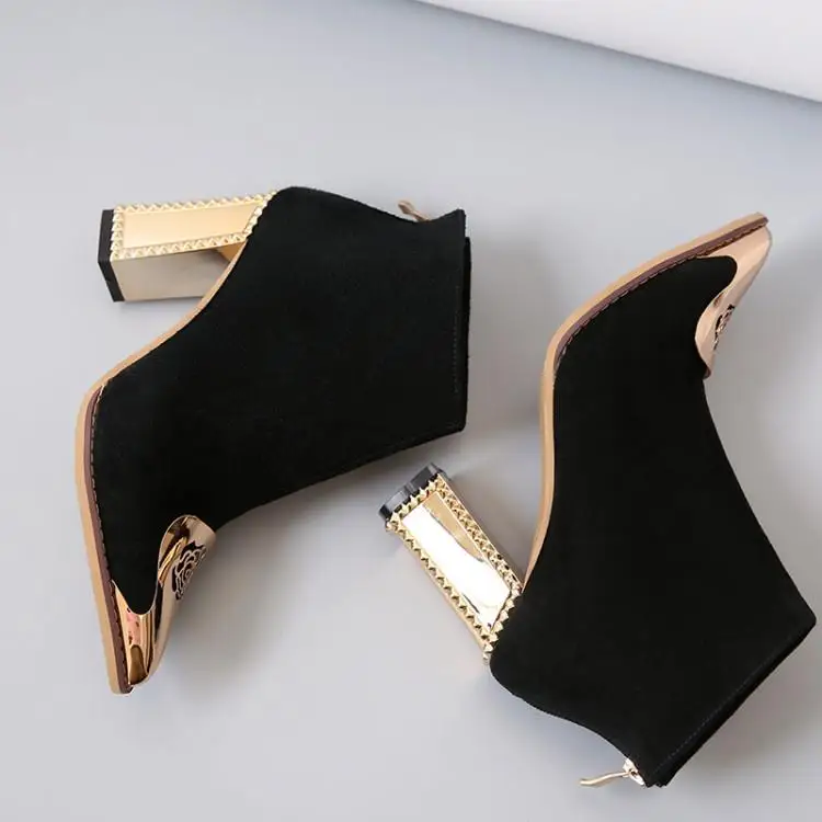 Pointed Toe Chelsea Boots Women High Heels Autumn Winter Shoes Woman Pumps Black Suede Botas Mujer Metal Designer Ankle Botines