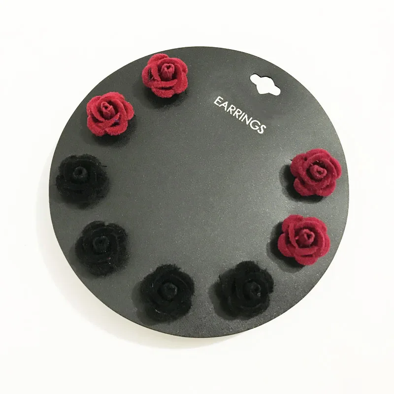 Gothletic Brand 15MM Velvet Metal Rose Stud Earrings Black/Burgundy Flower Earrings for Women Brincos Fashion Jewelry 4prs/Set