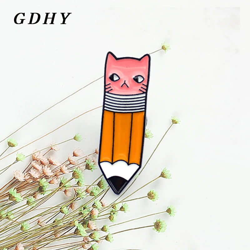 GDHY Cute Kitten Pencil Brooch Pencil With Pink Cat Face Eraser Enamel Pins Gifts For Kids Denim Sweater Backpack Jewelry