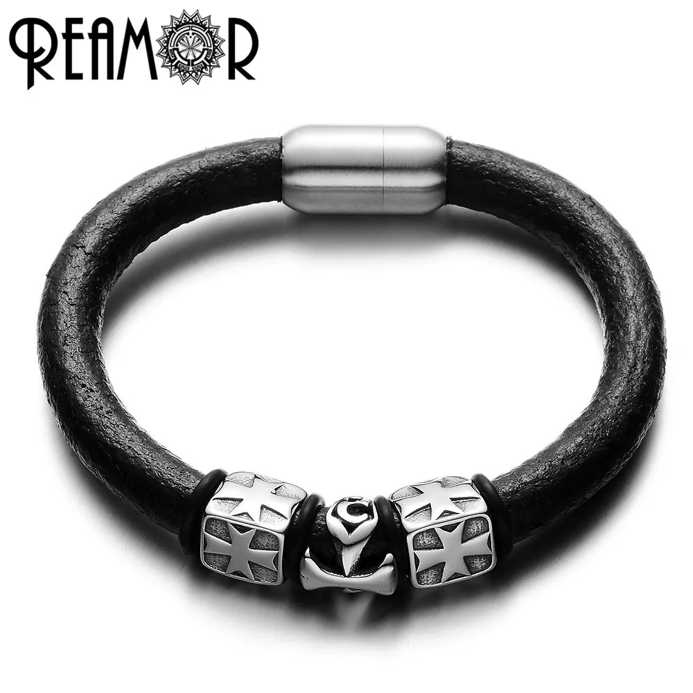 REAMOR 17-21cm 316L Stainless Steel Cross Beads Genuine Leather Braided Bracelet with Magnet Clasp For Men Charm Bracelet