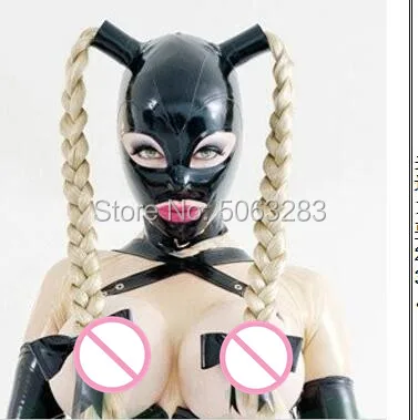 

Latex Hood with Pigtails Rubber Fetish Mask Two Braid Wigs Latex Headgear with Back Lacing