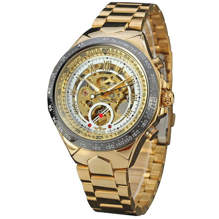 T-WINNER Hot Sell Business  Metal Dress Black Bezel Hollow Rome Dial Mechanical Watch Full Steel Band Auto Self Wind