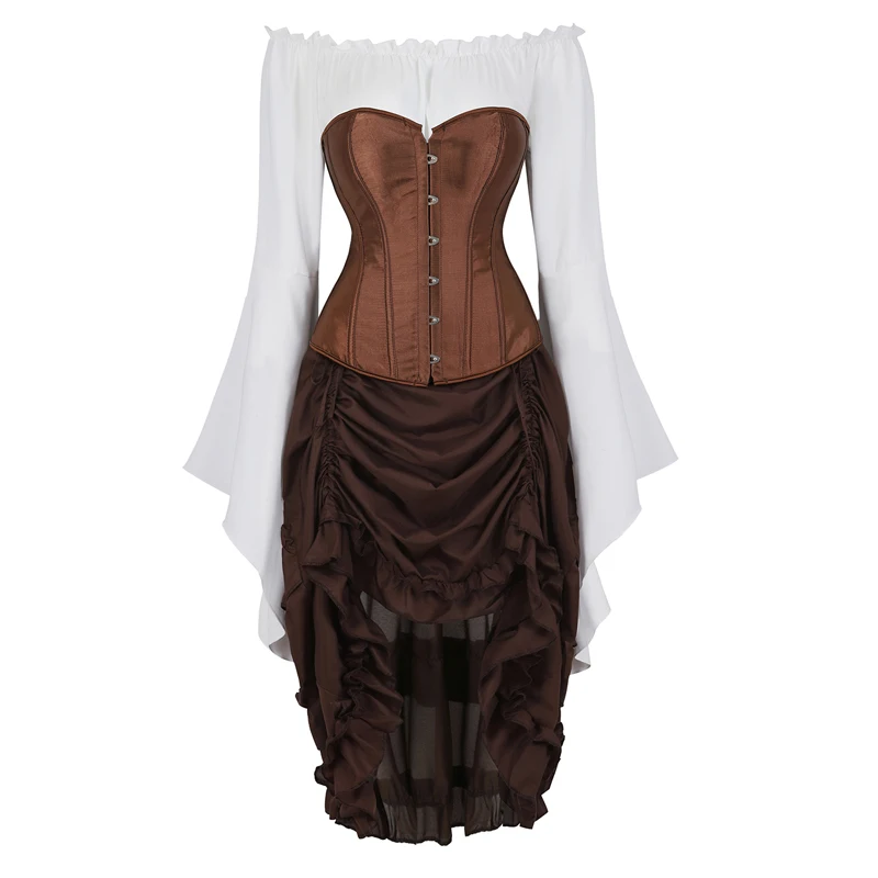 bustier dress corset top skirt 3-piece front high and low irregular costume cosplay dance corsets shirt burlesque vintage brown