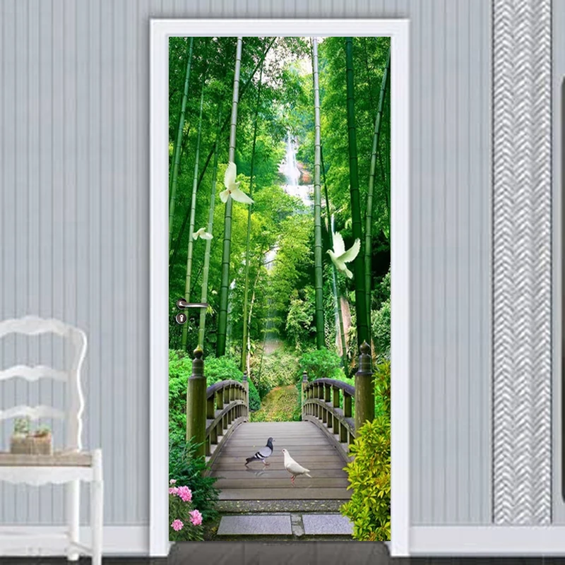 

Waterproof Self-adhesive Door Sticker Bamboo Forest Wooden Bridge Pigeon 3D Photo Wallpaper For Living Room Bedroom Door Mural