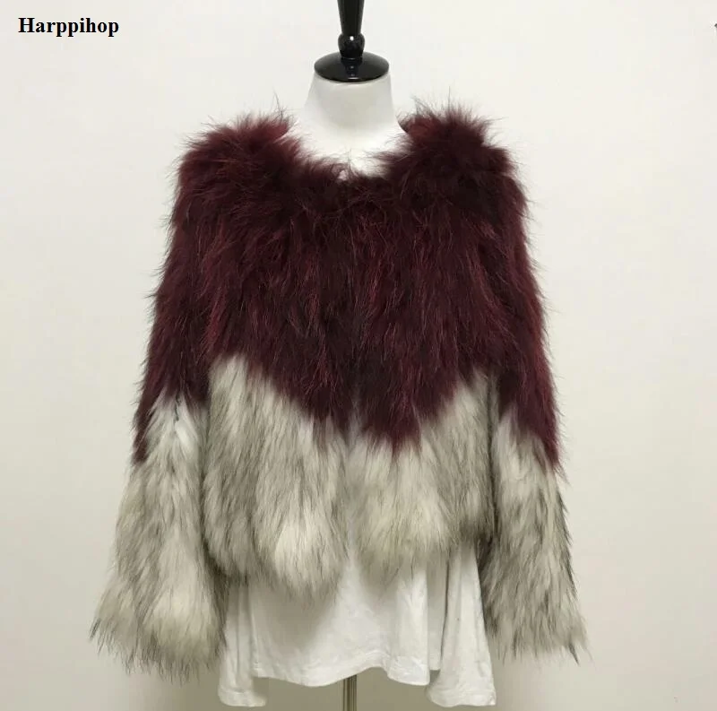 New Arrival Knitted Real Raccoon Fur Coat O Collar Genuine Raccoon Jacket Nature Double Color OEM Coat Fur Overcoat RC312-02