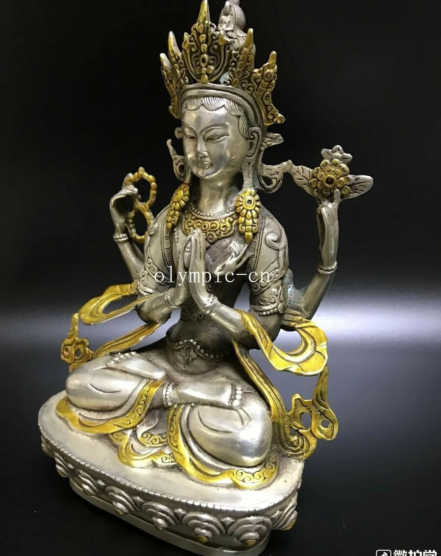 8'' bronze silver plating painting gild kwan-yin Shadakshari Avalokitesvara