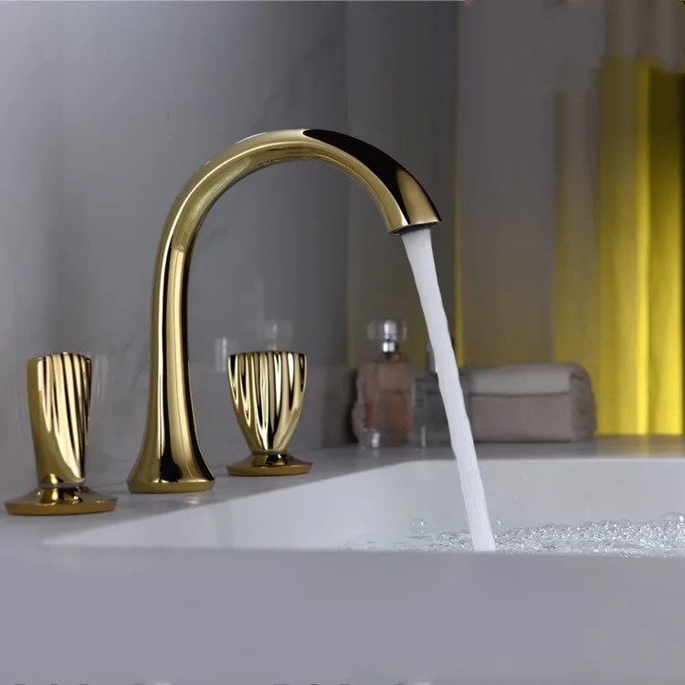 Gold Brass Double Handle  Bathroom Sink Faucet Hot Cold Basin Faucet Mix Tap golden Three holes Bathroom Faucets-High quality