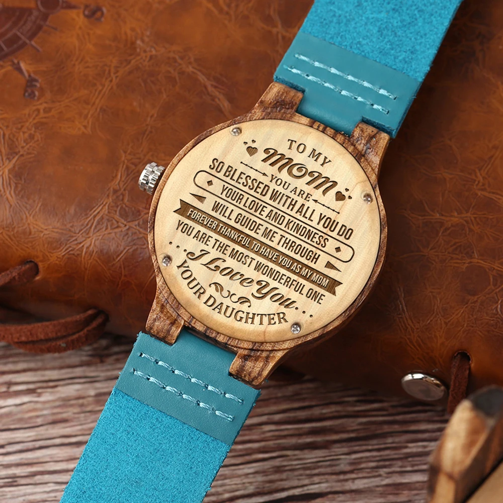 To My Mum-Engraved Wooden Watches Luxury Wristwatch Womens Watch Automatic Quartz Watches Turquoise Blue Timepieces in Gift Box