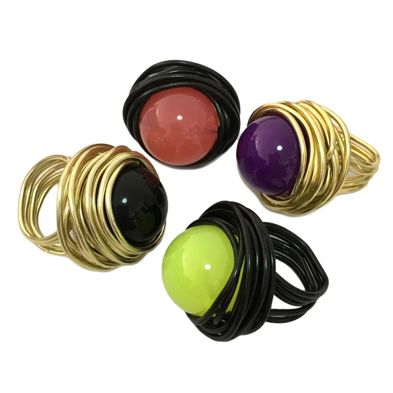 MANILAI 4 Colors Handmade Wire Big Beads Rings For Women Statement Jewelry Fashion Acrylic Finger Rings Gift  Vintage Style