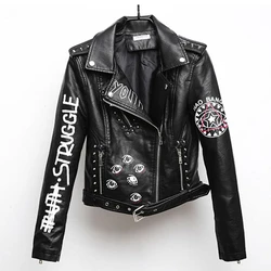 Women Printed Letters Pu Leather Jacket Biker Moto Black Faux Jacket Female Pattern Black Rivet Hip Hop Short Zipper Coat PY21