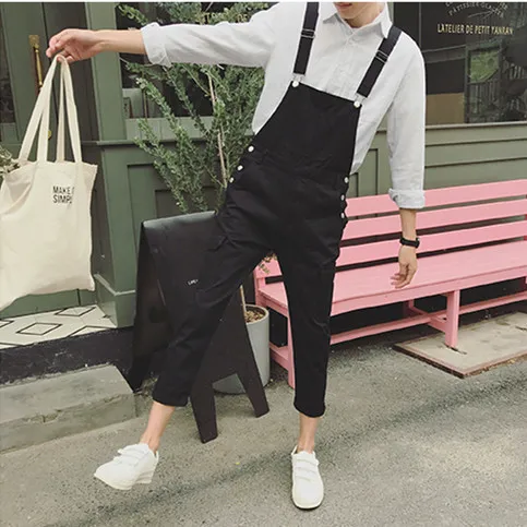 

2019 Spring Men's Suspenders Harem pants Ankle Length Hip Hop pocket jean jumpsuits Male slim fit Tooling Overalls A53005