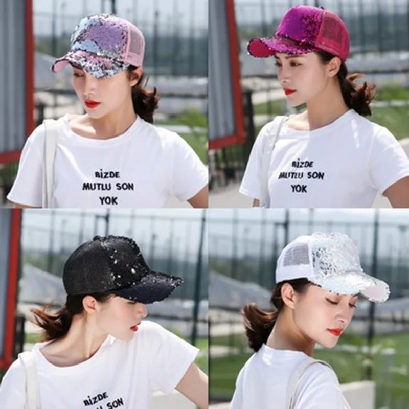 Summer Women Baseball Caps Sequins Mesh Cap Adjustable Fashion Hats Snapback Sports Floral Paillette Adjustable Summer Gorras