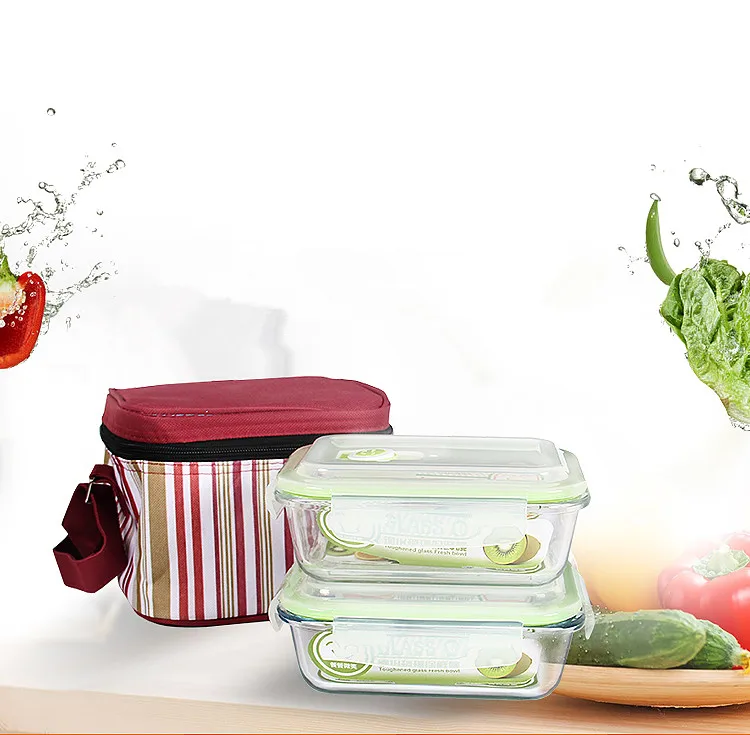 Newly 2PC Lunchbox Glass Food Container Bento Microwave Lunchbox Dinnerware Sets Outdoor Picnic Food Storage Portable Tableware