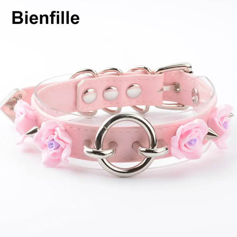 Choker Necklace Women Punk Gothic Flower  100% Handmade 2 Layer Clear PVC PU Leather Collar Necklace 6 Colors