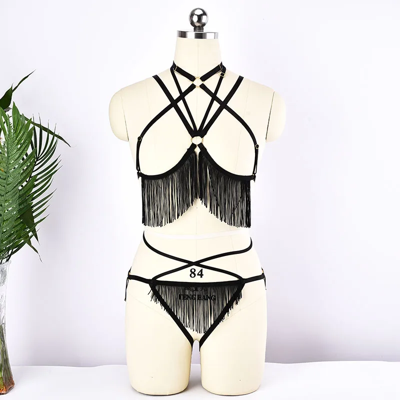 

Gothic Black Tassels Bondage Body Harness Set Fetish Wear Tops Body Cage Harness Bra Harajuku Tassels Panties G-string Briefs