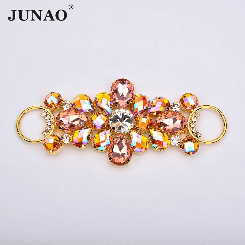 JUNAO 50x115mm 6 Color Champagne Crystal Chain Glass Rhinestones Bikini Connector Decoration Buckle for Women Bra Jewelry Crafts