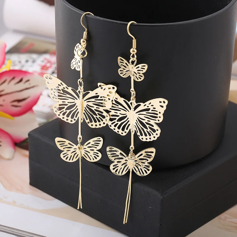 Grace Jun New Design 3 Butterfly Shape Tassel Clip on Earrings Wihtout Piercing for Women Fashion Luxury Big Statement Earrings