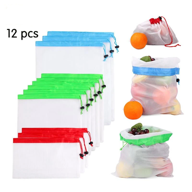 

12pcs 3 Sizes Reusable Mesh Produce Bag Washable Eco-Friendly Bags for Grocery Shopping Storage Fruit Vegetable Organizer Pouch