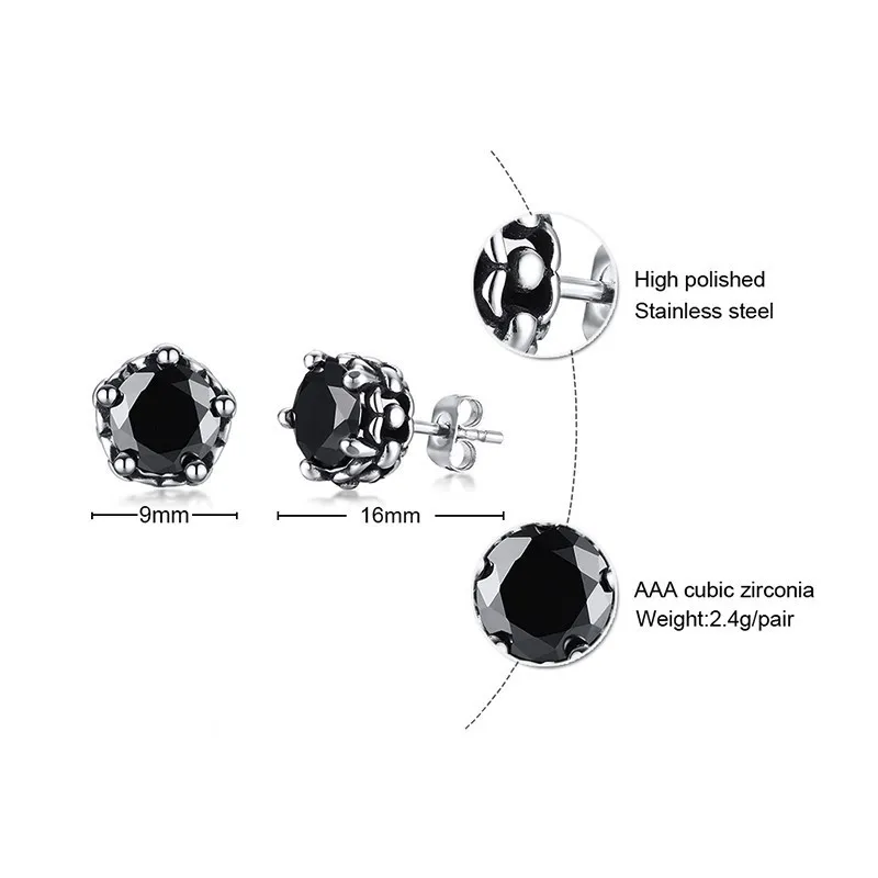 Uomini Orecchino Della Vite Prigioniera in Acciaio Inox 9 millimetri Nero Rotondo CZ Orecchini Con Perno Per Gli Uomini Dei Monili in Bianco E nero