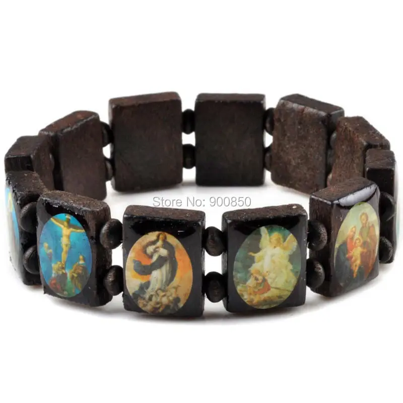 Saints Jesus Religious Wood Catholic Icon Bracelets Unisex Fashion Wood Bracelet Paryer Charm Jewelry 7 Colors