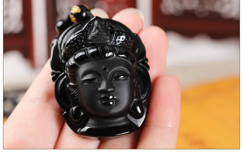 Natural Black Obsidian Pendant Avalokiteshvara Buddha Guanyin Head Amulets And Talismans Scrub Pendant With Bead Necklace