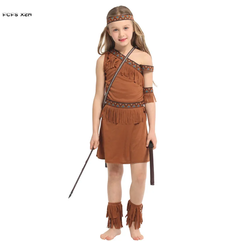 M-XL Girls Primitive Indian Traditional Cosplay Kids Halloween Hunter Costume for Children Carnival Purim Masquerade Party Dress