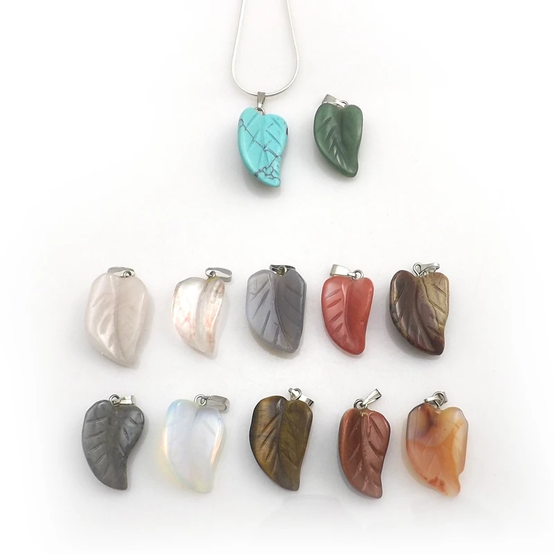 Mixed Lot Natural Stone Leaf Shape Pendant Silver Color Necklaces For Gift 12pcs/lot