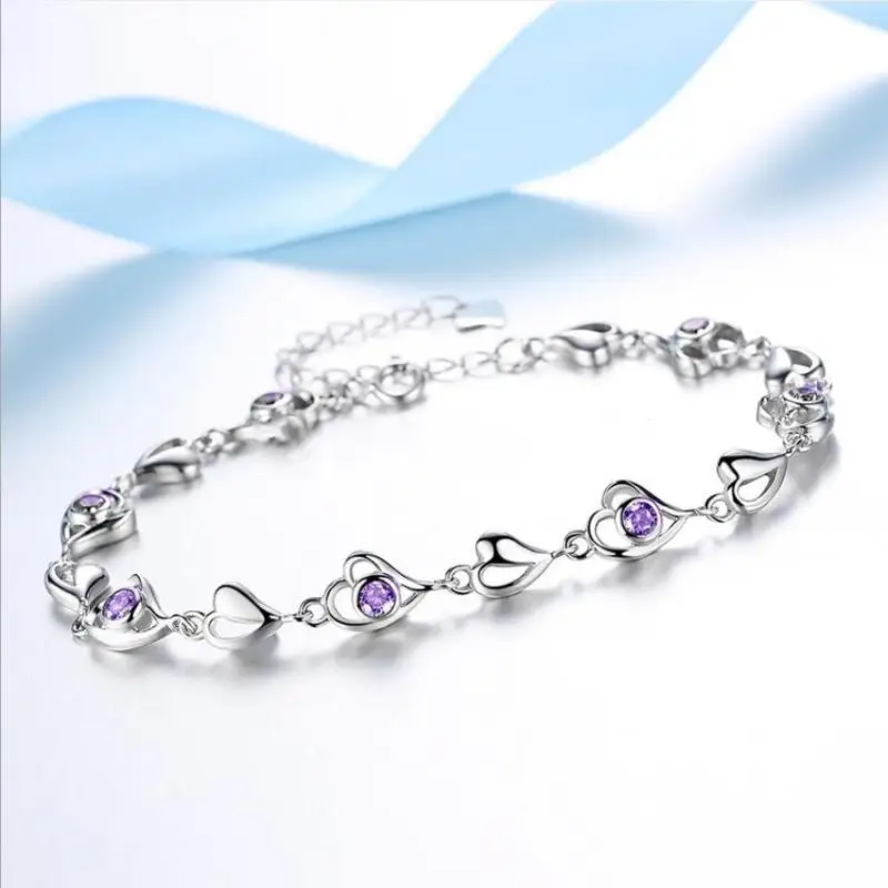 

2022 Trendy Female Silver 925 Sterling Bracelets Jewelry Women Fashion Heart Crystal Bracelet For Girls Birthday Gift