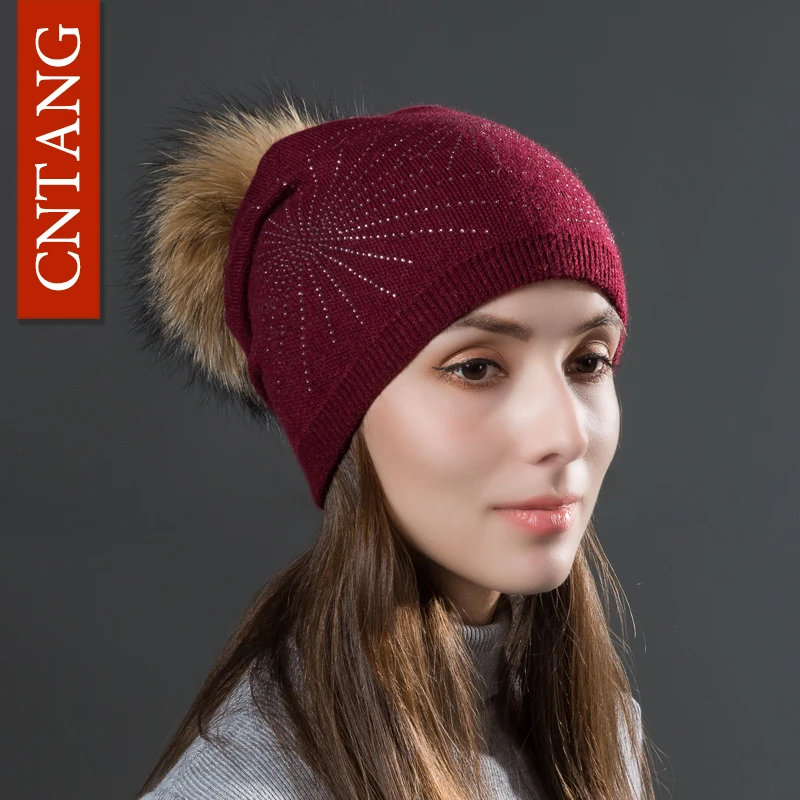 CNTANG 2024 Rhinestone Knitted Wool Hats With Natural Raccoon Fur Pom Pom Caps Autumn Winter Warm Hat For Women Fashion Beanies