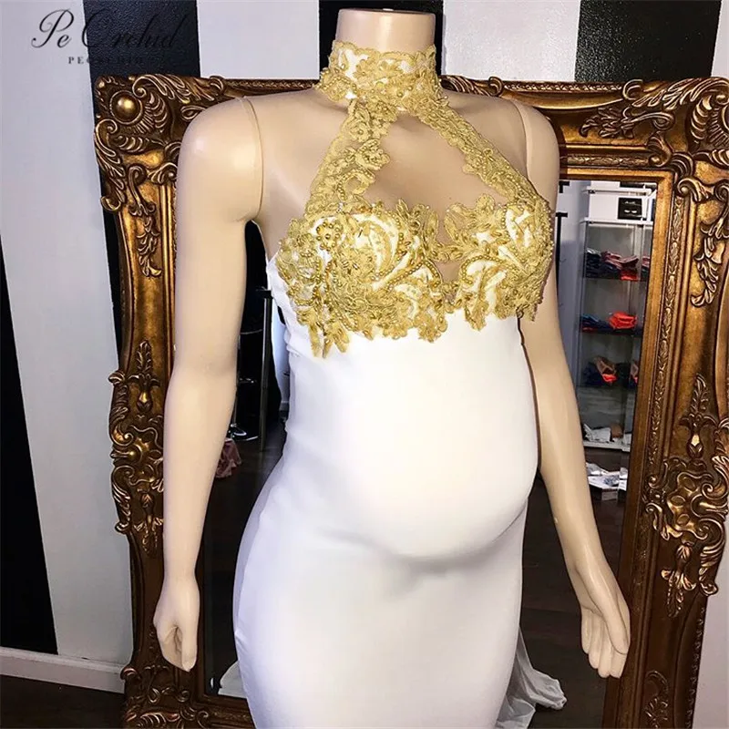 PEORCHID 2019 Vintage Pregnant Woman Evening Dress Long Gold And White Lace High Neck Satin Mermaid Vestido Formal Party Gown