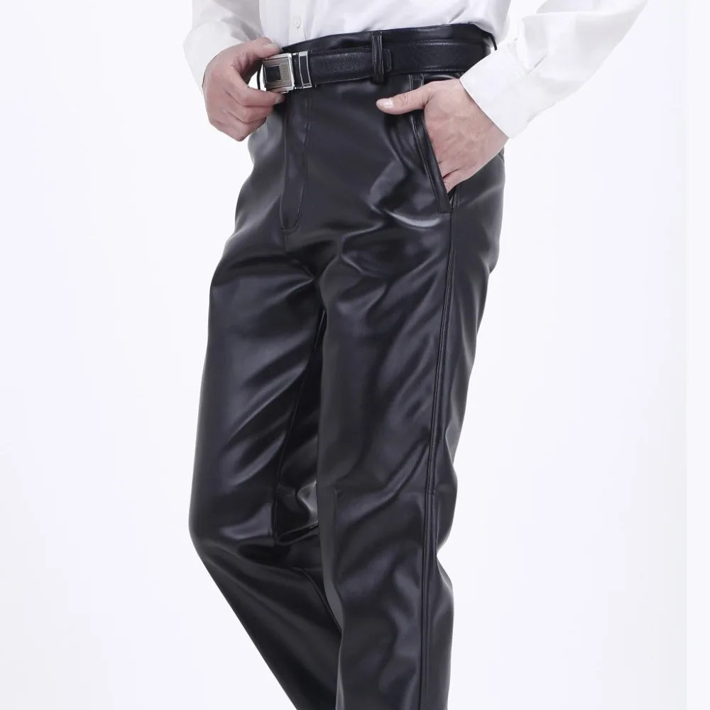 Thoshine Brand Men Leather Pants Working Elastic Lightweight Smart Casual PU Leather Trousers Thin Motor Pants Plus Size