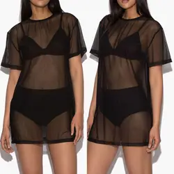 Moda damska damska solidna miękka bluza w stylu casual, czarny Mesh letnie wakacje bikini na plażę Cover Up Mini Dress