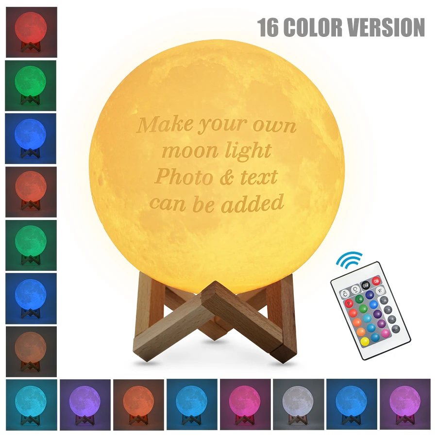 Customized 2/16 Colors 3D Print LED Moon Light Touch Switch Night Lamp with 24Keys Remote for Baby Kids Children Home Decoration