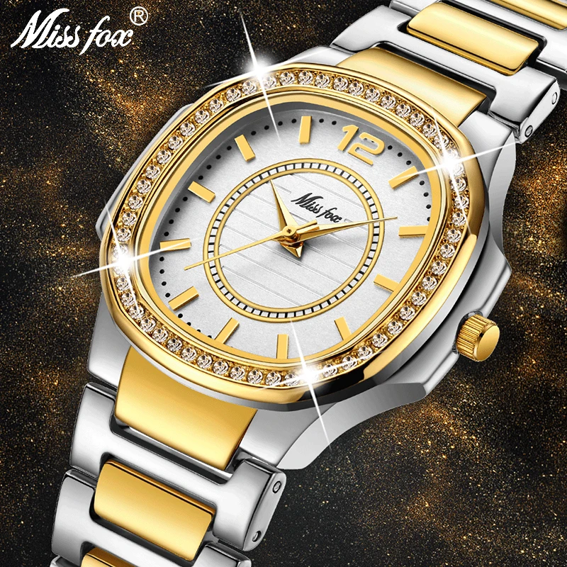 MISSFOX-Relógio quartzo feminino com diamante, relógios analógicos, resistente à água, relógio de ouro 18k, marca de luxo, presente para mulheres