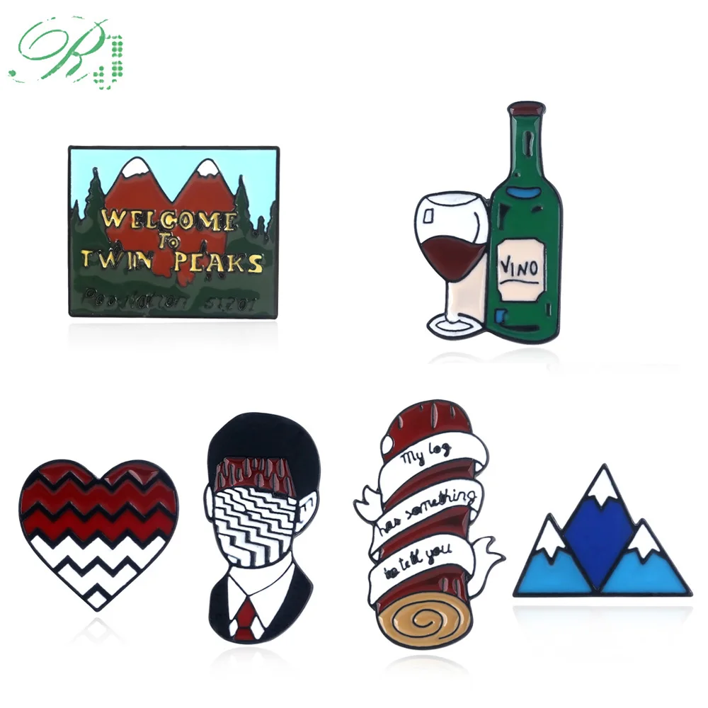 RJ Twin Peaks Heart Shape Brooches Dale Cooper Fire Walk With Me Red Wine Bottle Cup Lapel Enamel Pins Women Men Bag Shirt Gift