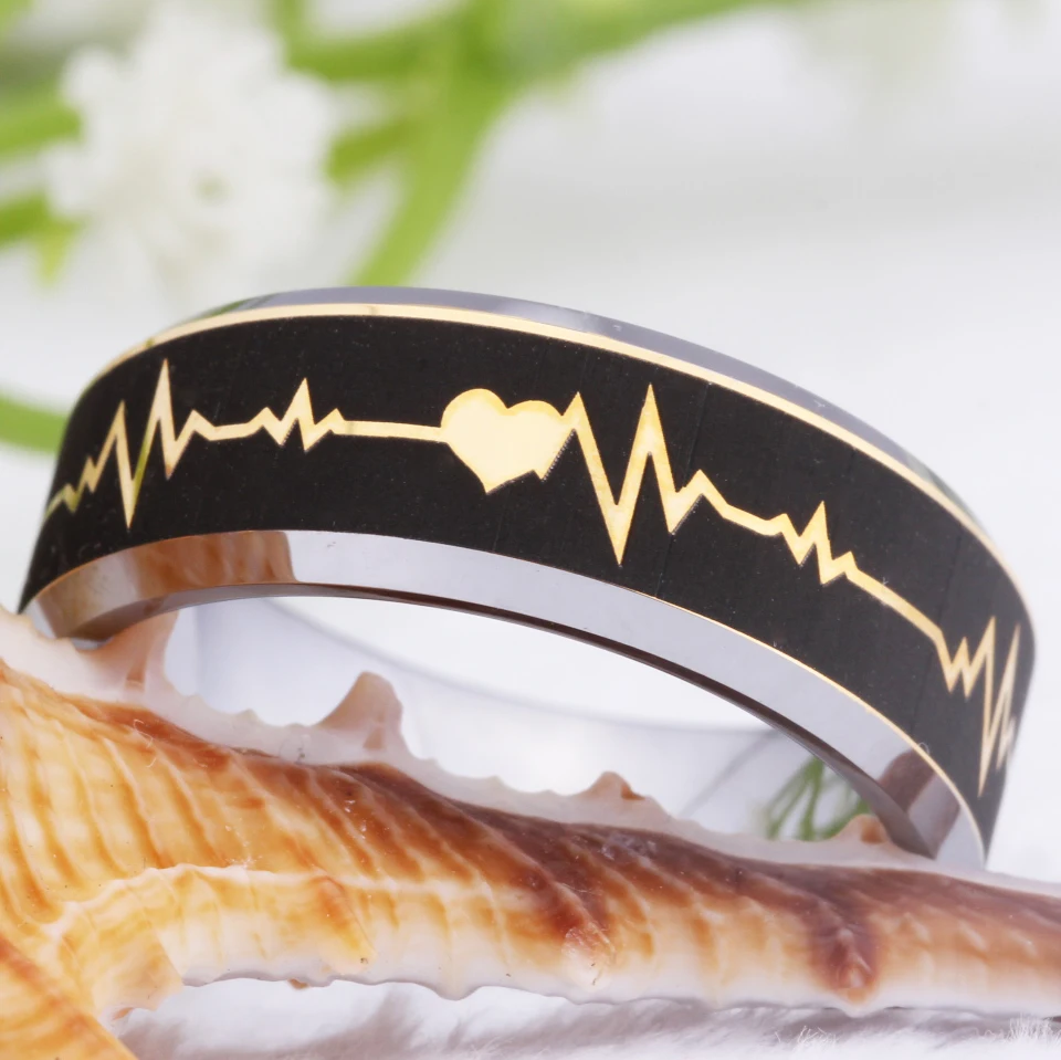Classic Wedding Rings for Women Men's Engagement Rings Heart Beat EEG Design Promise Anniversary Jewelry Golden Tungsten Ring image 5